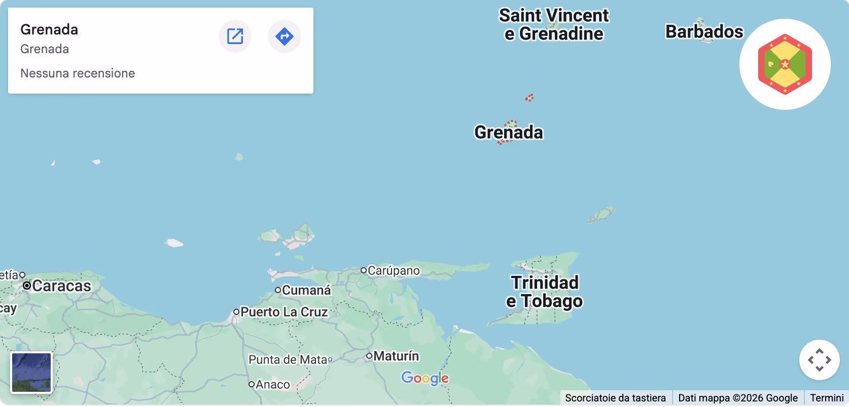 Mappa di Grenada con posizione geografica nell'arco caraibico meridionale