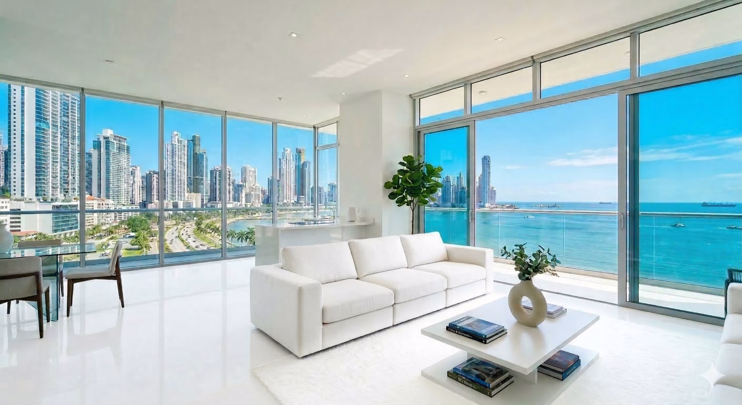 Appartamento residenziale a Panama, interni moderni con vista sulla città e l'oceano