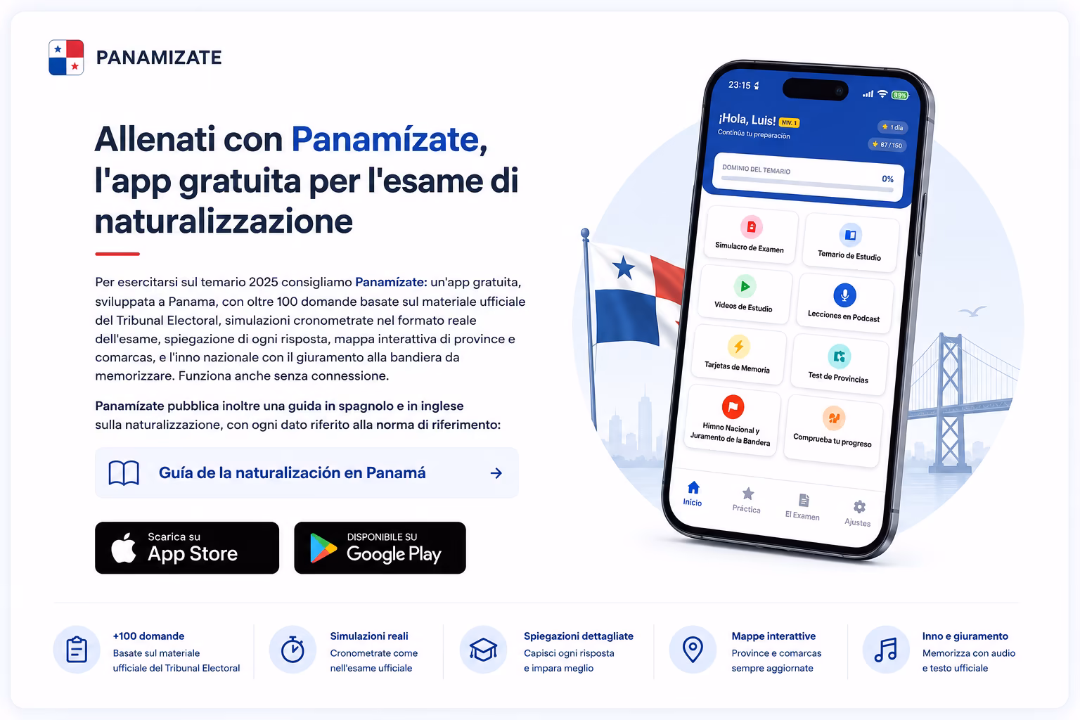 Panamízate – Free app for the Panamanian naturalization exam: over 100 questions from the official curriculum, timed simulations, interactive maps, national anthem, and pledge to the flag